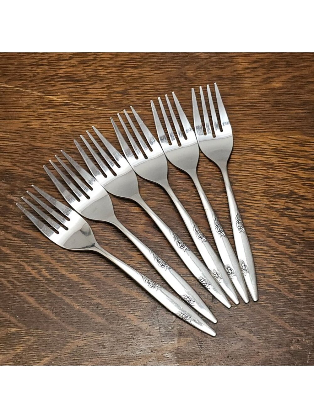 6 Oneida Rose Duet Salad Forks 6" stainless flatware USA vintage decorative